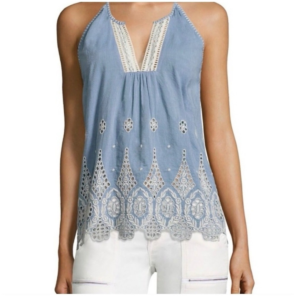 Joie Halter Tank Top Large Blue Eyelet Embroidered Lace Trim Boho V-Neck Coastal